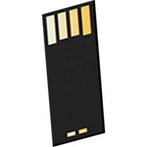 A black USB flash drive with four gold and silver connectors. It has a sleek, rectangular design and includes branding.