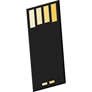A black USB memory drive with a compact design and multiple connector pins, featuring a logo on the surface.