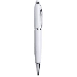 A white stylus touch ball pen with chrome accents, featuring a sleek design and a branding logo.