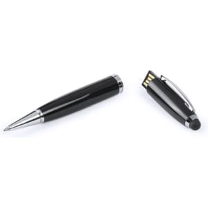 A black stylus touch ball pen with a USB connector and chrome accents, featuring a logo on the clip.