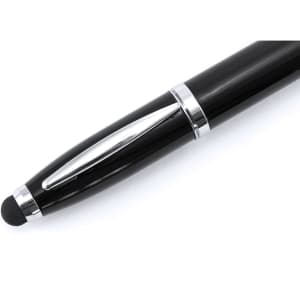 A black stylus touch ball pen with chrome accents, featuring a rounded tip. It includes a logo on the barrel.