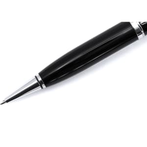 A black stylus touch ball pen with silver accents. It features a sleek design and includes a branding logo.