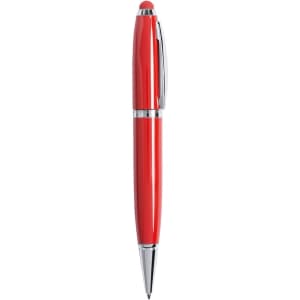 A red stylus touch ball pen with chrome accents and a logo. Features a built-in 16GB USB drive.
