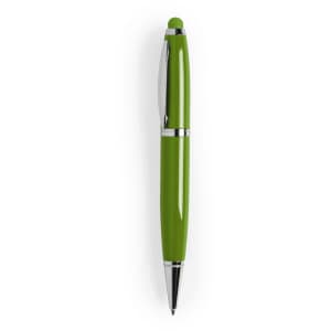 A green stylus touch ball pen with chrome accents and a logo on its body.