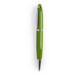 A green stylus touch ball pen featuring a pen tip and a stylus tip, with silver accents and a logo on the side.