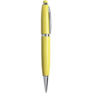 A yellow stylus touch ball pen with a chrome clip and tip, featuring a logo on the body.