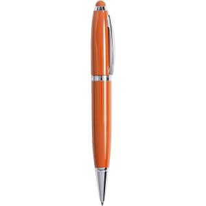 An orange stylus touch ball pen with a chrome clip and tip, featuring a logo on the body.
