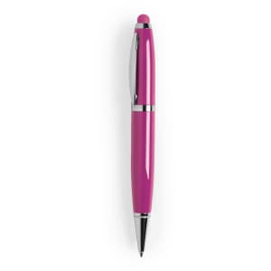 A pink stylus touch ball pen with chrome accents, featuring a sleek design and a branding logo.