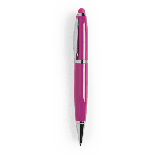 A pink stylus touch ball pen with chrome accents, featuring a branding logo on the side.