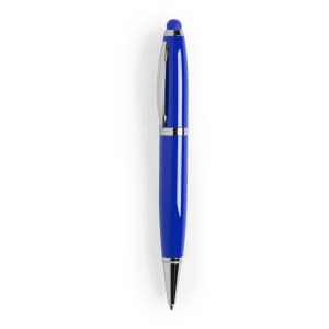A blue stylus touch ball pen with silver accents and a logo on the side. It features a 16GB USB drive.