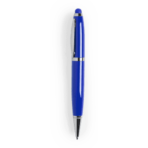 A blue stylus touch ball pen with a silver trim and a branding logo.