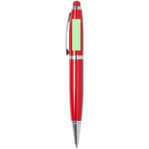 A red stylus touch ball pen with a silver clip and a branding area on its side.