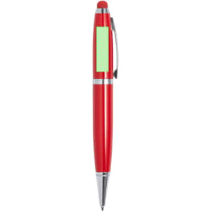 A red stylus touch ball pen with silver accents and a branding logo on the side.
