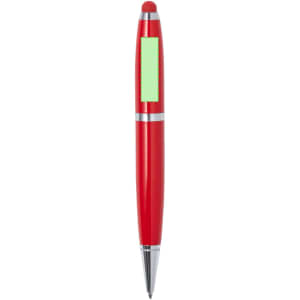 A red stylus touch ball pen with a silver trim and a green portion for branding. It features a USB for data storage.