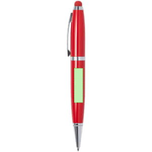 A red stylus touch ball pen with a metallic clip and a space for branding.