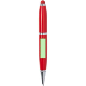 A red stylus touch ball pen with a contrasting grip area and a silver clip, featuring a logo.