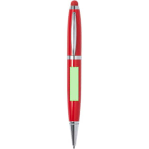 A red stylus touch ball pen with a green grip and a silver clip, featuring a logo.