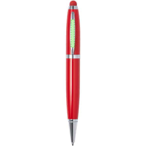 A red stylus touch ball pen with silver accents and a green transparent section, featuring a logo.
