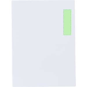 A plain white notebook with a green highlight on the side. The cover is smooth and unblemished.