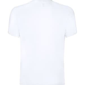 A plain white adult t-shirt with a round neckline and short sleeves, featuring a logo on the back.