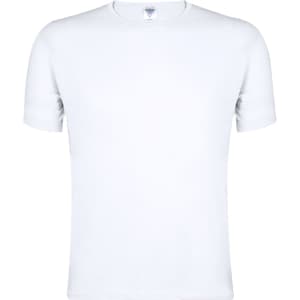 A plain white adult T-shirt with short sleeves and a brand logo on the label.