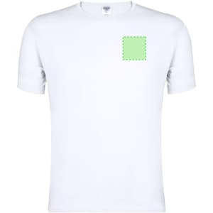 A white adult T-shirt featuring a green square patch on the front. It has a logo on the neckline.