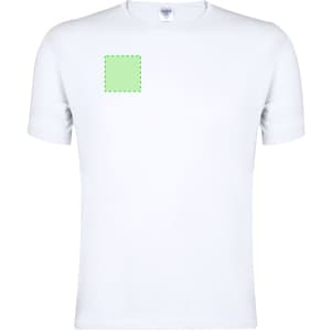 A white adult t-shirt featuring a square area for logo placement. The shirt has short sleeves and is plain in design.