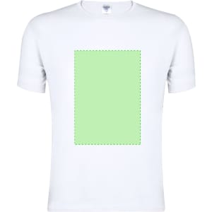 A white adult t-shirt featuring a green rectangular design area and a logo.