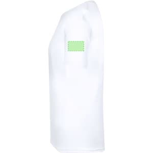A white adult T-shirt with a placeholder for a logo or branding on the sleeve.