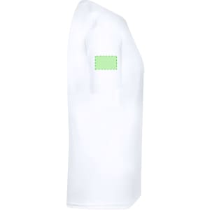 A white adult T-shirt with a blank green patch on the sleeve and a plain design.