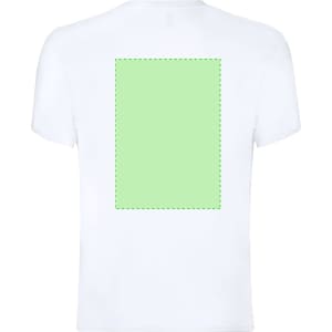 A white adult t-shirt featuring a blank green rectangle on the back and a logo on the front.
