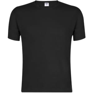A black adult t-shirt with short sleeves and a round neck, featuring a logo on the label.