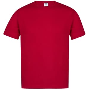 A red adult T-shirt with a crew neck and short sleeves, featuring a logo on the label.