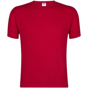 A bright red adult T-shirt with short sleeves and a branding logo on the label.