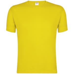 A bright yellow adult T-shirt with a round neck and short sleeves, featuring a logo on the label.