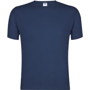 A navy blue adult T-shirt with short sleeves and a clean design. It features a logo or branding on the label.