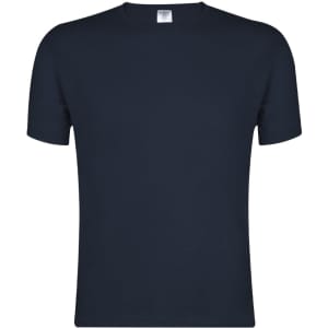 A navy blue adult t-shirt featuring short sleeves and a simple design with a logo.