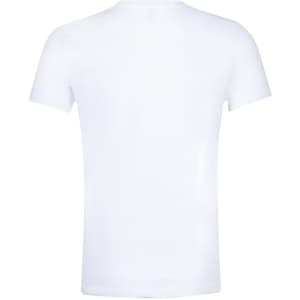 A white adult T-shirt with a simple design and short sleeves, featuring a logo on the back.