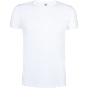 A plain adult white T-shirt with short sleeves and a round neckline. It features a small logo.