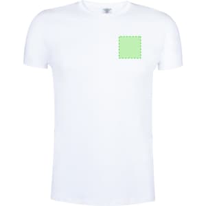 A white adult T-shirt featuring a square design area on the front, with a logo on the left chest.