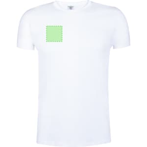 A adult white T-shirt featuring a square area in green for branding or design.