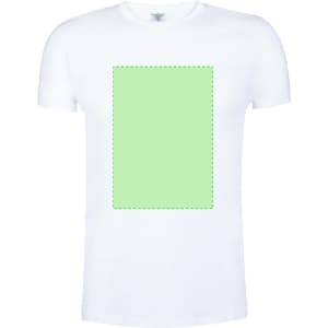 A white adult t-shirt featuring a rectangular green design area, with no visible logos or branding.