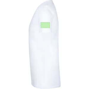 A white adult T-shirt featuring a small green rectangular area on the sleeve and a logo on the chest.