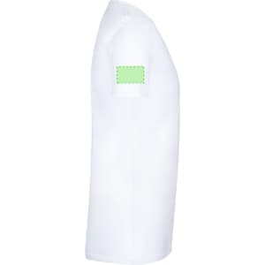 A white adult T-shirt featuring a green rectangular logo area on the sleeve.