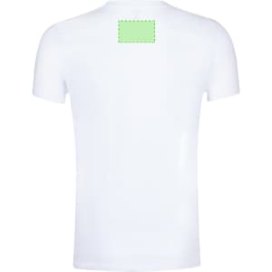 A plain white adult T-shirt featuring short sleeves and a blank back. It includes a logo or branding area.