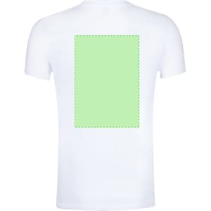 A white adult T-shirt featuring a blank green area on the back and a logo on the front.