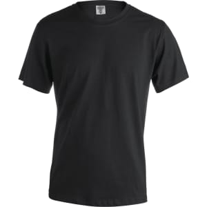 A black adult T-shirt with short sleeves and a round neck. The shirt features a logo on the label.