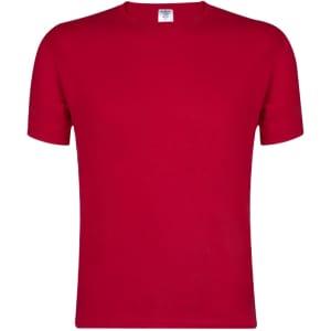 A red adult colour t-shirt with a round neck and short sleeves. It features a logo on the label.