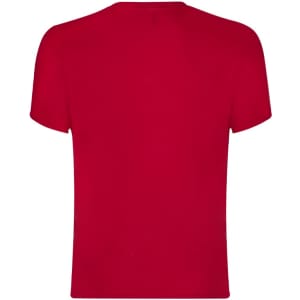 A red adult T-shirt with a plain back and short sleeves, featuring a logo.