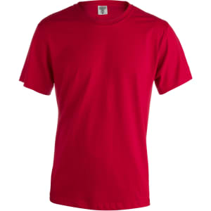 A red adult T-shirt with a crew neck and short sleeves, featuring a logo on the label.